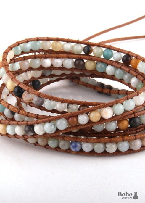 Pulsera Boho, RH, Pulsera de Cuero de 5 Capas, Piedras Naturales de 4 mm, Azul, Blanco y Negro